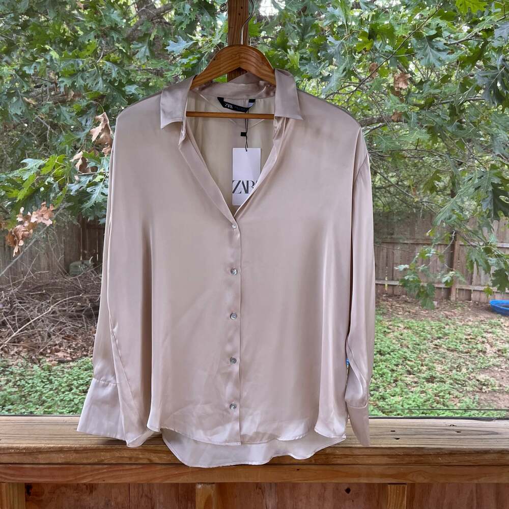 Zara Women's Champagne Long Sleeve Satin Blouse Size XL. NEW!